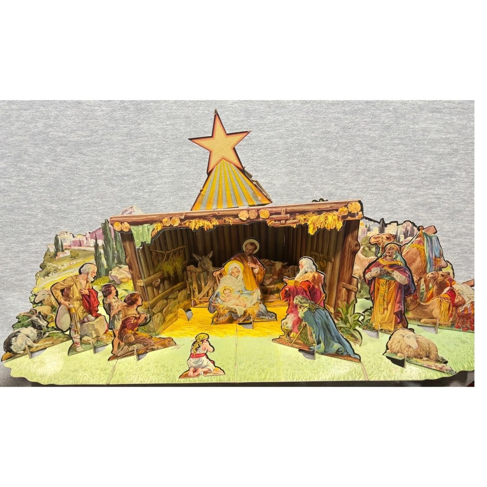 Vtg 50s Christmas Manger Set Nativity Scene Cut Out Figures Foldable Display